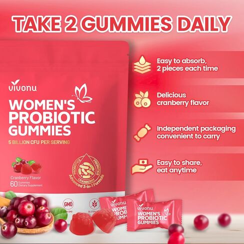 VivoNu Vaginal Probiotics for Women, Feminine Balance pH Gummies for Healthy Odor, Yeast Balance & Flora + Vitamin C for Immune Support -Cranberry in Saudi Arabia