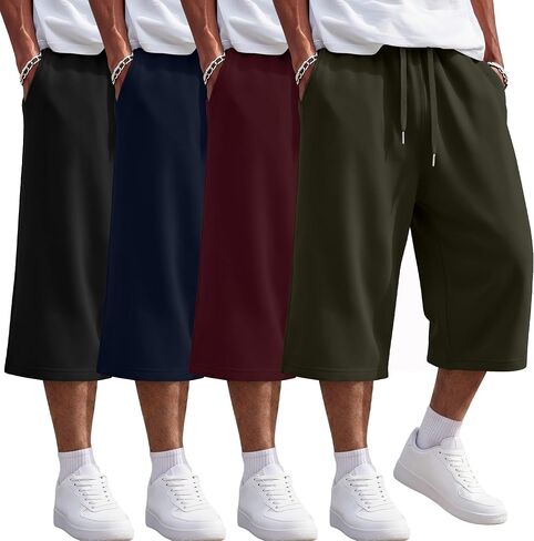 Ficerd 4 Pack Men’s Baggy Capri Pants 3/4 Below Knee Shorts Wide Leg Drawstring Sweatpants Athletic Long Shorts with Pockets in Kuwait