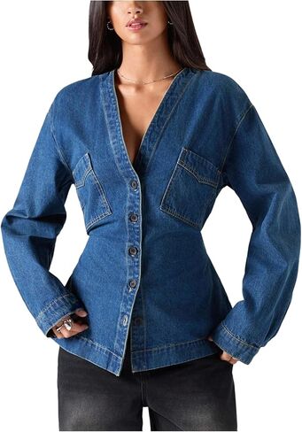 WDIRARA Women's V Neck Button Down Jean Jackets Waist Long Sleeve Denim Jacket Outerwear in Kuwait
