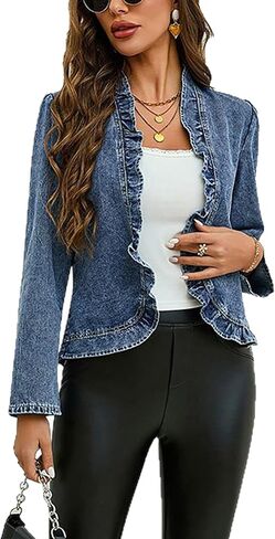Women Long Sleeve Denim Shirt Ruffled Cropped Top Coat Open Front Trendy Jean Trendy Thin Jackets in Saudi Arabia