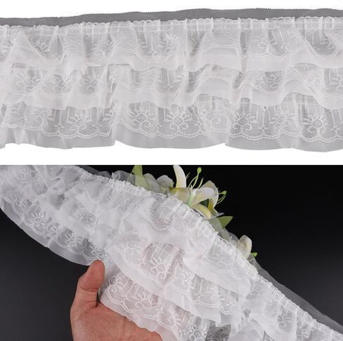 5 Yards 3 Layer Ruffle Lace Trim, 13cm 5.12" Wide White lace Fabric Chiffon Flower Pleated Trim Gathered Ribbon for Wedding Applique Clothing Sewing Decor Handmade Craft DIY (5 Yard, White) in Kuwait