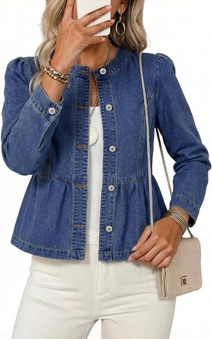 Dokotoo Cropped Jean Jacket Women Button Down Long Sleeve Collarless Cinched Waist Denim Jackets in Kuwait