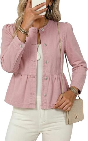 Dokotoo Cropped Jean Jacket Women Button Down Long Sleeve Collarless Cinched Waist Denim Jackets in Kuwait