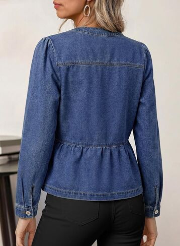 Dokotoo Cropped Jean Jacket Women Button Down Long Sleeve Collarless Cinched Waist Denim Jackets in Kuwait
