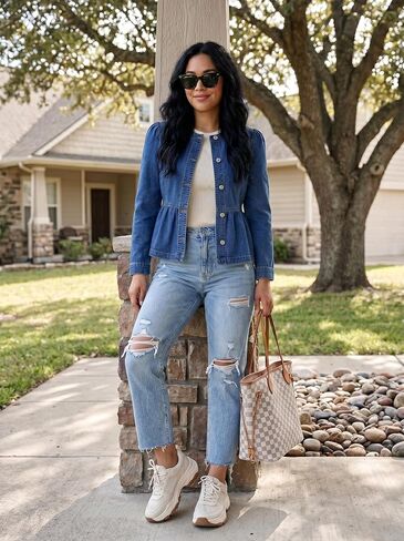 Dokotoo Cropped Jean Jacket Women Button Down Long Sleeve Collarless Cinched Waist Denim Jackets in Kuwait