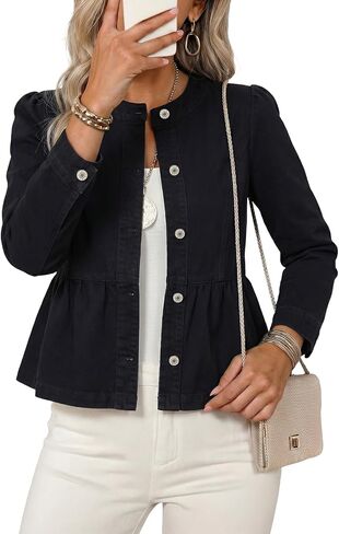 Dokotoo Cropped Jean Jacket Women Button Down Long Sleeve Collarless Cinched Waist Denim Jackets in Kuwait