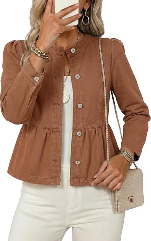 Dokotoo Cropped Jean Jacket Women Button Down Long Sleeve Collarless Cinched Waist Denim Jackets in Kuwait