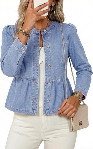 Dokotoo Cropped Jean Jacket Women Button Down Long Sleeve Collarless Cinched Waist Denim Jackets in Kuwait