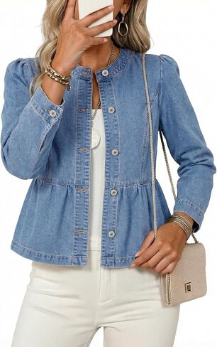 Dokotoo Cropped Jean Jacket Women Button Down Long Sleeve Collarless Cinched Waist Denim Jackets in Kuwait
