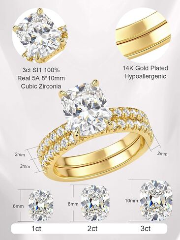 AVECON 3CT Elongated Cushion Cut Engagement Ring Set for Women, 5A Cubic Zirconia Promise Wedding Band with 4 Prongs, 14K Gold/White Gold Plated Stackable Bridal Half Eternity Travel Rings, Size 5-9 in Kuwait