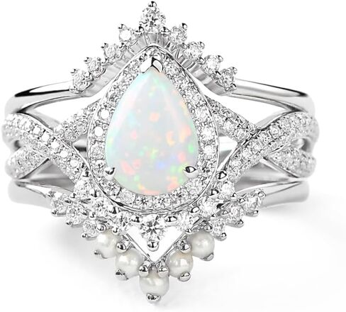 1.5 Carat Opal Engagement Ring Set for Women 3pcs Unique Pear Cut Ring Bridal Set 925 Sterling Silver Rings with 18K White Gold Plated in Kuwait