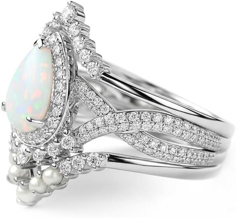 1.5 Carat Opal Engagement Ring Set for Women 3pcs Unique Pear Cut Ring Bridal Set 925 Sterling Silver Rings with 18K White Gold Plated in Kuwait