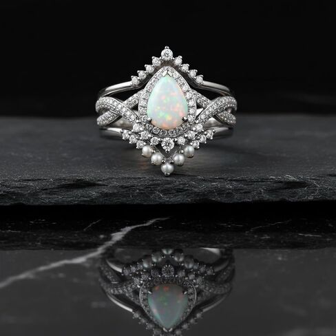 1.5 Carat Opal Engagement Ring Set for Women 3pcs Unique Pear Cut Ring Bridal Set 925 Sterling Silver Rings with 18K White Gold Plated in Kuwait