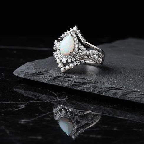 1.5 Carat Opal Engagement Ring Set for Women 3pcs Unique Pear Cut Ring Bridal Set 925 Sterling Silver Rings with 18K White Gold Plated in Kuwait