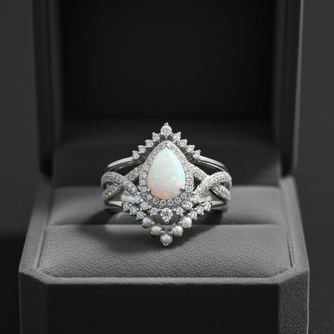 1.5 Carat Opal Engagement Ring Set for Women 3pcs Unique Pear Cut Ring Bridal Set 925 Sterling Silver Rings with 18K White Gold Plated in Kuwait