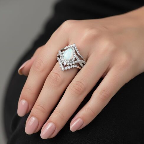 1.5 Carat Opal Engagement Ring Set for Women 3pcs Unique Pear Cut Ring Bridal Set 925 Sterling Silver Rings with 18K White Gold Plated in Kuwait
