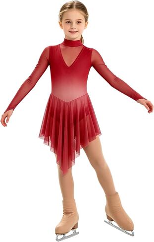 Girls Figure Ice Skating Dress Contemporary Lyrical Ballet Skirted Leotard Long Sleeve Mesh Competition Costume in Saudi Arabia