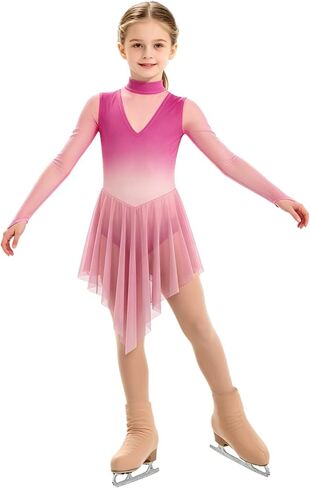 Girls Figure Ice Skating Dress Contemporary Lyrical Ballet Skirted Leotard Long Sleeve Mesh Competition Costume in Saudi Arabia