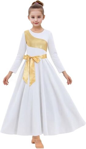 ORIDOOR Girls Praise Dance Dress Metallic Gold Liturgical Worship Church Robe Full Length Swing Lyrical Costume in Kuwait