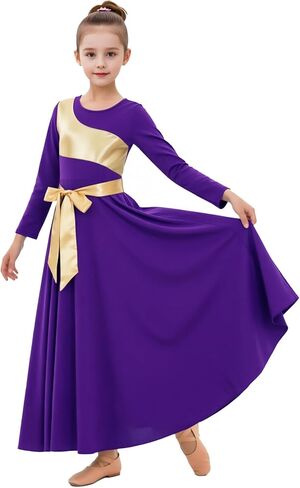 ORIDOOR Girls Praise Dance Dress Metallic Gold Liturgical Worship Church Robe Full Length Swing Lyrical Costume in Kuwait