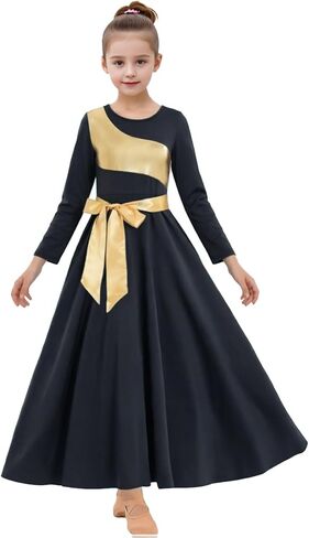 ORIDOOR Girls Praise Dance Dress Metallic Gold Liturgical Worship Church Robe Full Length Swing Lyrical Costume in Kuwait