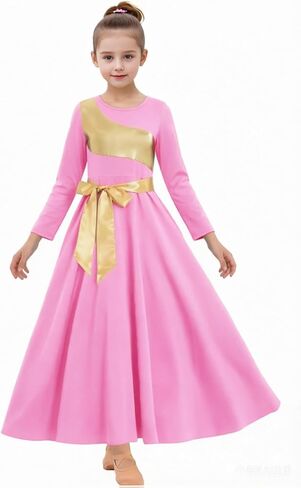 ORIDOOR Girls Praise Dance Dress Metallic Gold Liturgical Worship Church Robe Full Length Swing Lyrical Costume in Kuwait