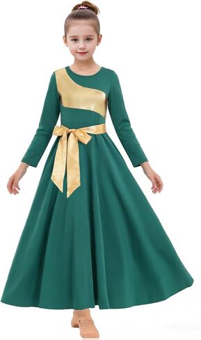 ORIDOOR Girls Praise Dance Dress Metallic Gold Liturgical Worship Church Robe Full Length Swing Lyrical Costume in Kuwait