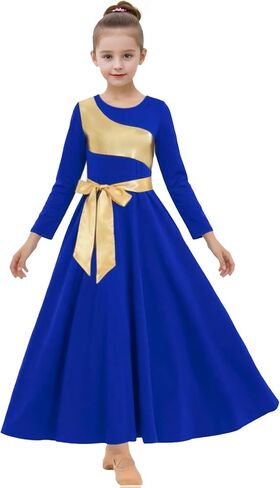 ORIDOOR Girls Praise Dance Dress Metallic Gold Liturgical Worship Church Robe Full Length Swing Lyrical Costume in Kuwait