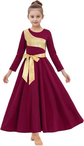 ORIDOOR Girls Praise Dance Dress Metallic Gold Liturgical Worship Church Robe Full Length Swing Lyrical Costume in Kuwait