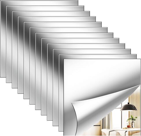 12 Pack Flexible Mirror Sheets 12x12 Inch Self Adhesive Non-Glass Mirror Tiles, Cuttable Shatterproof Acrylic Stickers, Safe Reflective Film for DIY Home Wall Decor Kitchen Bedroom in Saudi Arabia