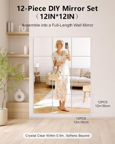 12 Pack Flexible Mirror Sheets 12x12 Inch Self Adhesive Non-Glass Mirror Tiles, Cuttable Shatterproof Acrylic Stickers, Safe Reflective Film for DIY Home Wall Decor Kitchen Bedroom in Saudi Arabia