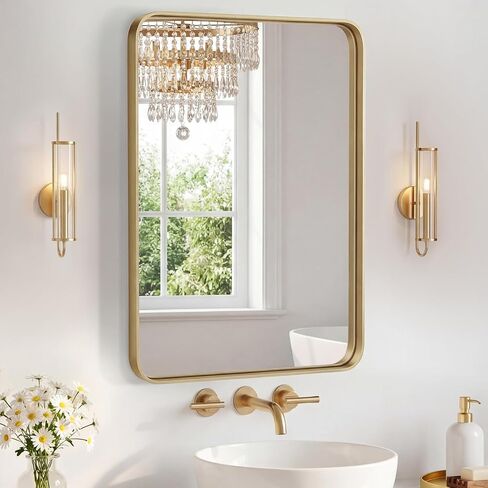 OLIXIS Bathroom Mirror for Over Sink, 30x22 Inch Wall Rounded Rectangle Mirror with Matte Metal Framed, Modern Wall Mount Vanity Mirrors for Home Decor, Living Room, Bedroom, Gold in Kuwait