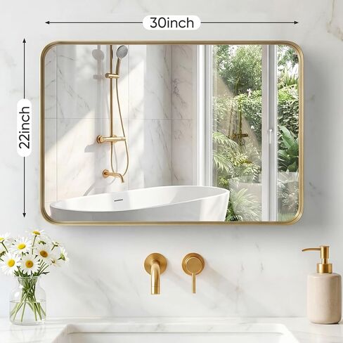 OLIXIS Bathroom Mirror for Over Sink, 30x22 Inch Wall Rounded Rectangle Mirror with Matte Metal Framed, Modern Wall Mount Vanity Mirrors for Home Decor, Living Room, Bedroom, Gold in Kuwait