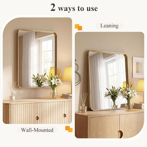 OLIXIS Bathroom Mirror for Over Sink, 30x22 Inch Wall Rounded Rectangle Mirror with Matte Metal Framed, Modern Wall Mount Vanity Mirrors for Home Decor, Living Room, Bedroom, Gold in Kuwait