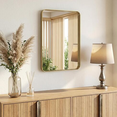 OLIXIS Bathroom Mirror for Over Sink, 30x22 Inch Wall Rounded Rectangle Mirror with Matte Metal Framed, Modern Wall Mount Vanity Mirrors for Home Decor, Living Room, Bedroom, Gold in Kuwait