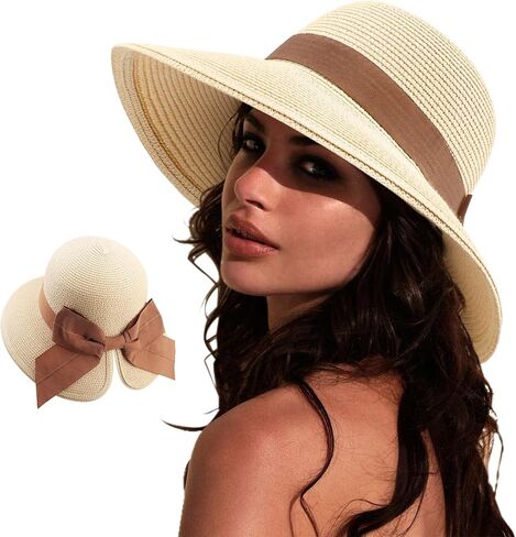 AQOKKA Women Sun Hats Straw Wide Brim Bowknot Bucket Cap Floppy Foldable Summer Beach Hats for Women Outdoor UPF 50+ in Kuwait
