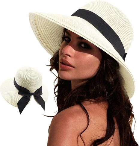 AQOKKA Women Sun Hats Straw Wide Brim Bowknot Bucket Cap Floppy Foldable Summer Beach Hats for Women Outdoor UPF 50+ in Kuwait