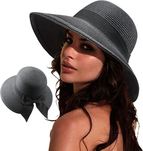AQOKKA Women Sun Hats Straw Wide Brim Bowknot Bucket Cap Floppy Foldable Summer Beach Hats for Women Outdoor UPF 50+ in Kuwait