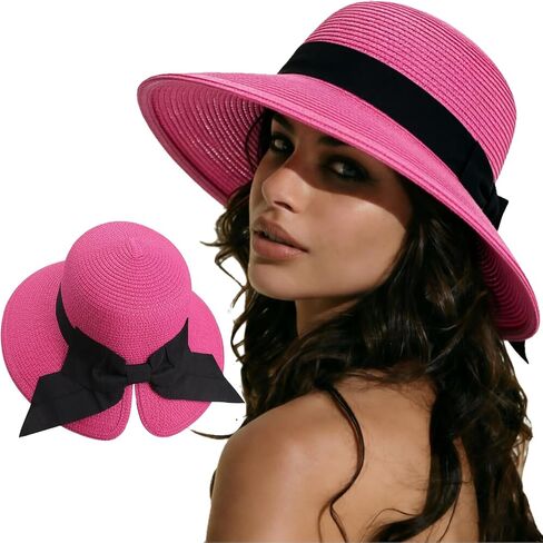 AQOKKA Women Sun Hats Straw Wide Brim Bowknot Bucket Cap Floppy Foldable Summer Beach Hats for Women Outdoor UPF 50+ in Kuwait