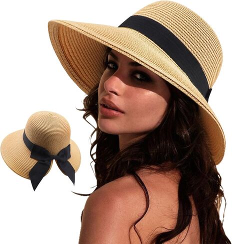 AQOKKA Women Sun Hats Straw Wide Brim Bowknot Bucket Cap Floppy Foldable Summer Beach Hats for Women Outdoor UPF 50+ in Kuwait