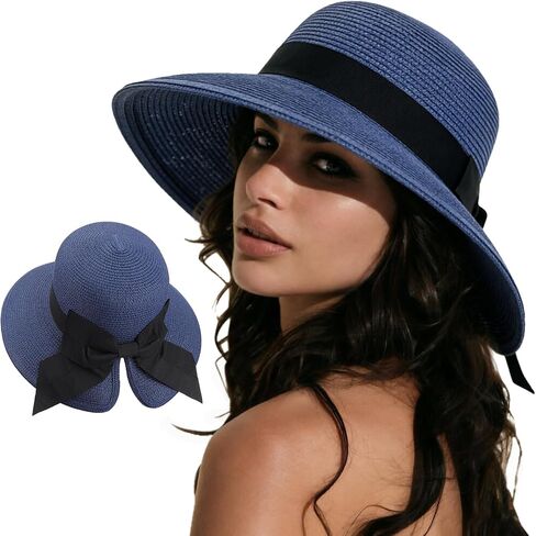 AQOKKA Women Sun Hats Straw Wide Brim Bowknot Bucket Cap Floppy Foldable Summer Beach Hats for Women Outdoor UPF 50+ in Kuwait
