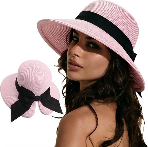 AQOKKA Women Sun Hats Straw Wide Brim Bowknot Bucket Cap Floppy Foldable Summer Beach Hats for Women Outdoor UPF 50+ in Kuwait