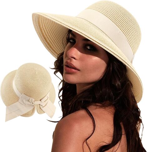 AQOKKA Women Sun Hats Straw Wide Brim Bowknot Bucket Cap Floppy Foldable Summer Beach Hats for Women Outdoor UPF 50+ in Kuwait