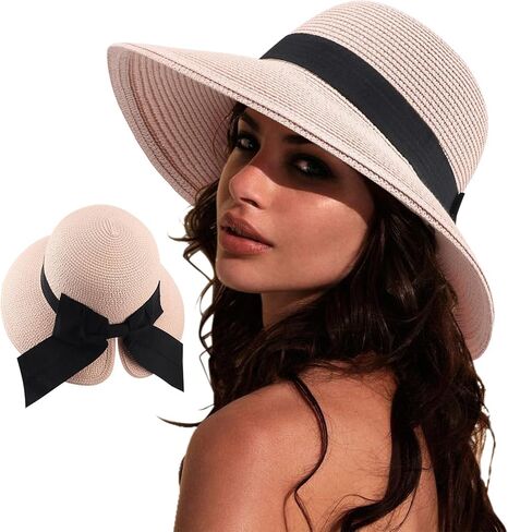 AQOKKA Women Sun Hats Straw Wide Brim Bowknot Bucket Cap Floppy Foldable Summer Beach Hats for Women Outdoor UPF 50+ in Kuwait