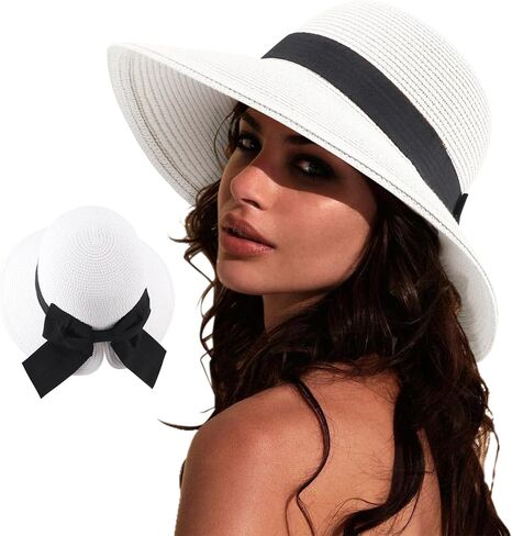 AQOKKA Women Sun Hats Straw Wide Brim Bowknot Bucket Cap Floppy Foldable Summer Beach Hats for Women Outdoor UPF 50+ in Kuwait