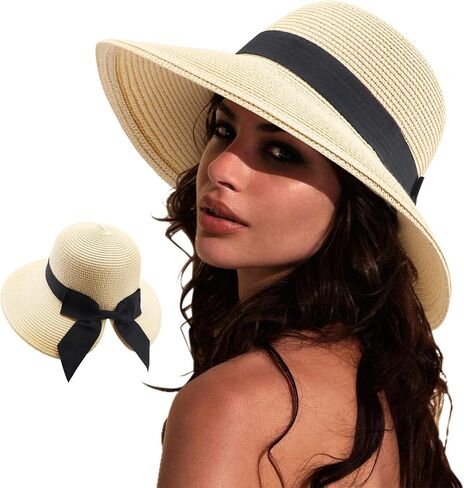 AQOKKA Women Sun Hats Straw Wide Brim Bowknot Bucket Cap Floppy Foldable Summer Beach Hats for Women Outdoor UPF 50+ in Kuwait