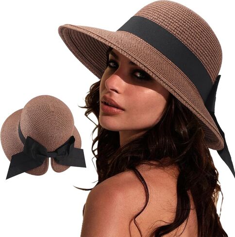 AQOKKA Women Sun Hats Straw Wide Brim Bowknot Bucket Cap Floppy Foldable Summer Beach Hats for Women Outdoor UPF 50+ in Kuwait