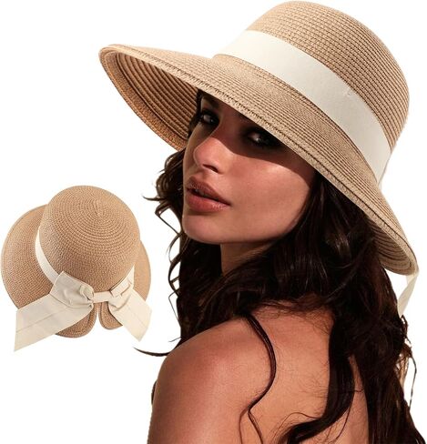 AQOKKA Women Sun Hats Straw Wide Brim Bowknot Bucket Cap Floppy Foldable Summer Beach Hats for Women Outdoor UPF 50+ in Kuwait