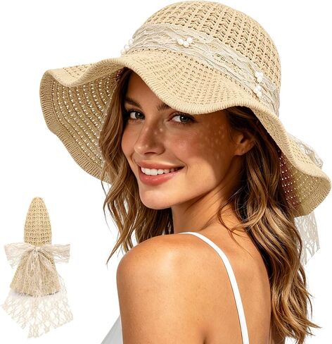Sun Hats for Women Summer Straw Beach Hat UV Protection Floppy Wide Brim Travel Bucket Hat Foldable Packable in Kuwait