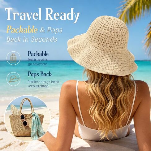 Sun Hats for Women Summer Straw Beach Hat UV Protection Floppy Wide Brim Travel Bucket Hat Foldable Packable in Saudi Arabia